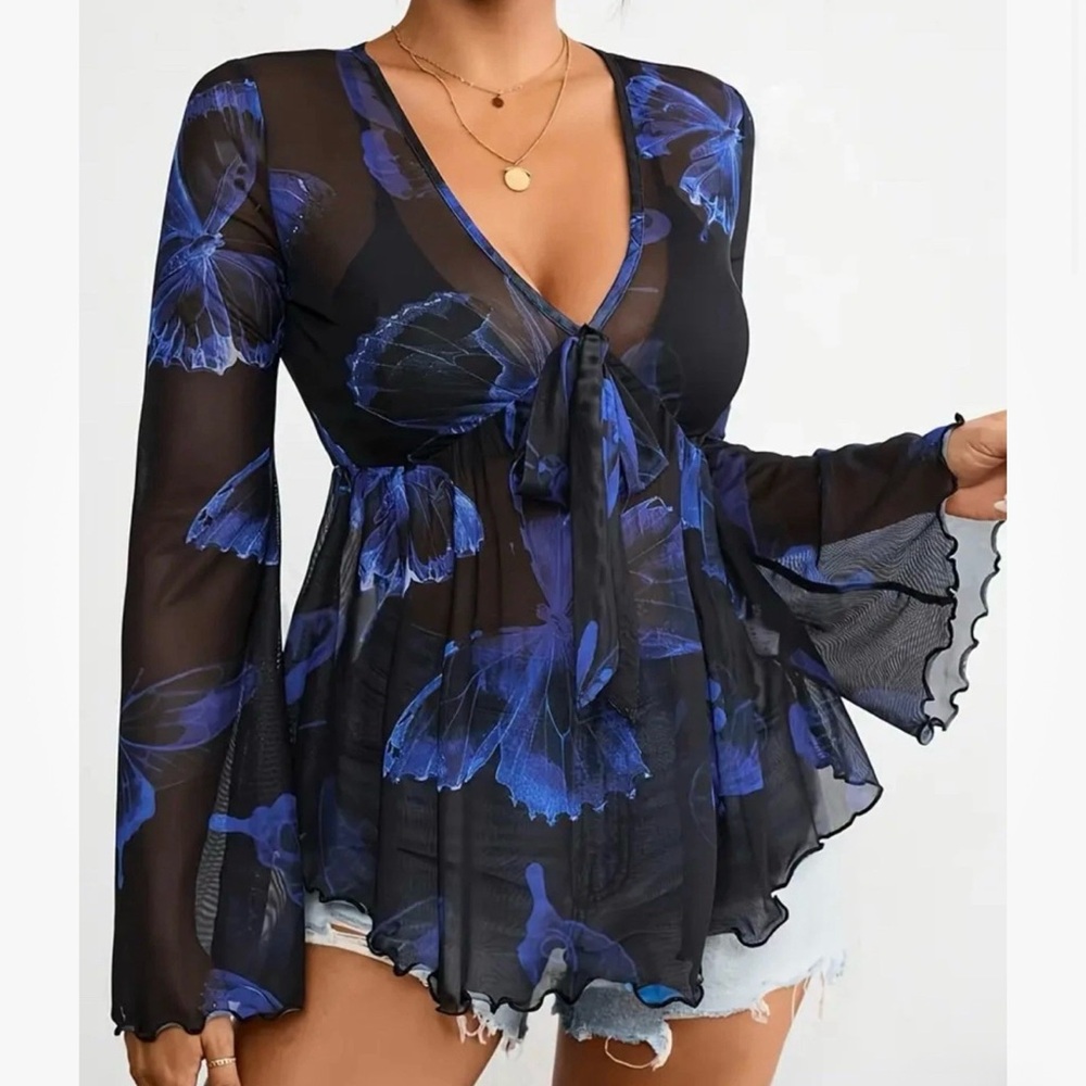 Tie-Front Flare Sleeve Blouse